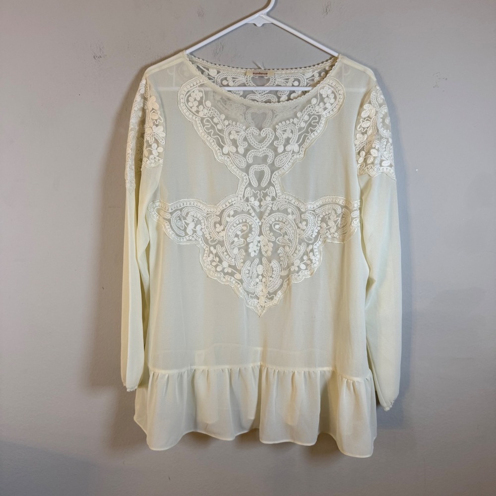 Sundance Cream Ivory Lace Embroidered Peplum Blouse Long Sleeve Boho Top